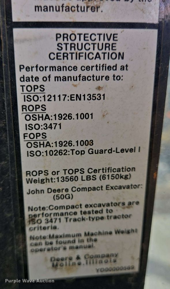 image for item YA0535 2022 John Deere 50G mini excavator