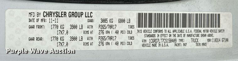 image for item DU9026 2012 Dodge Ram 1500 SLT Crew Cab pickup truck