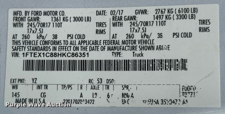 image for item DU9029 2017 Ford F150 XL SuperCab pickup truck