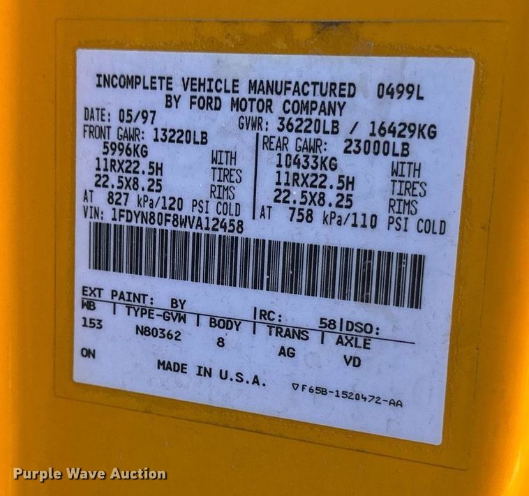 image for item EB2521 1998 Ford L8501 dump truck