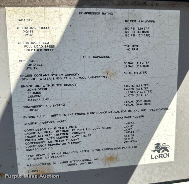 image for item EB2550 1996 LeRoi 0185DJ-E air compressor