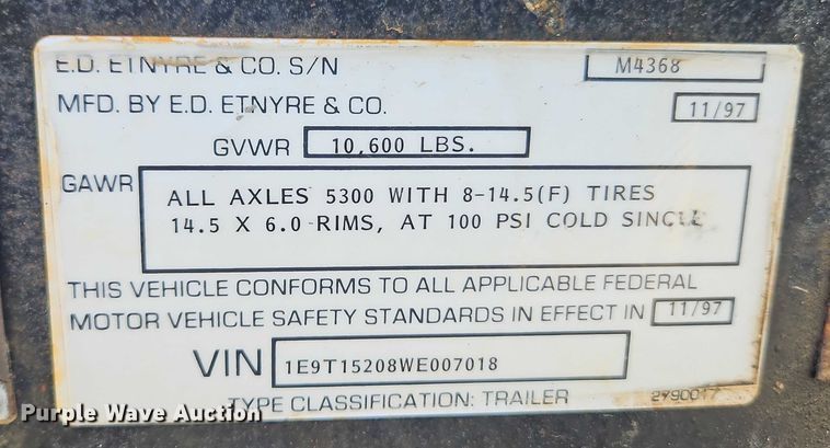 image for item EB8031 1998 Etnyre M4368 oil distributor trailer