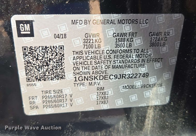 image for item ED1982 2018 Chevrolet Tahoe Police SUV