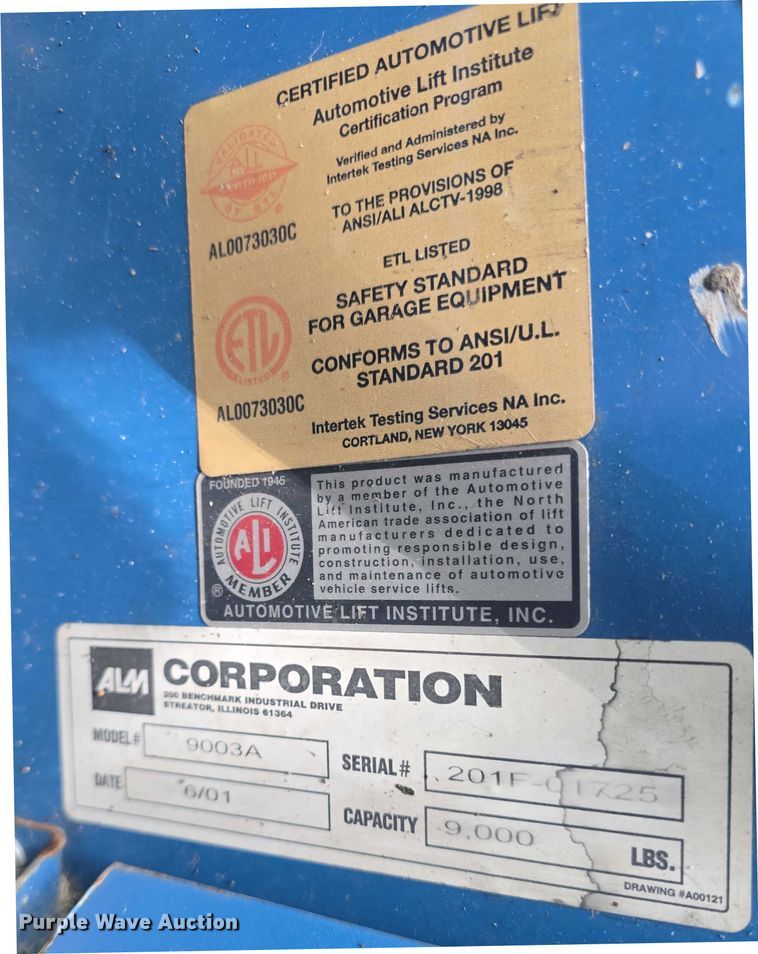 image for item EK5258 2001 ALM 9003A two post automotive lift