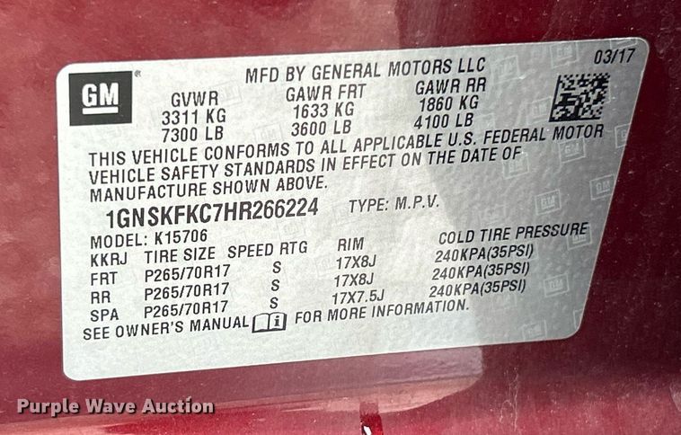 image for item EK8051 2017 Chevrolet Tahoe SSV SUV