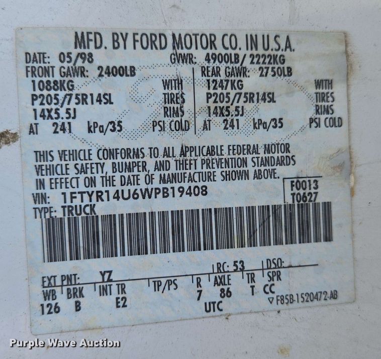 image for item EN3654 1998 Ford Ranger SuperCab pickup truck