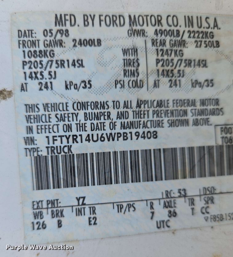 image for item EN3654 1998 Ford Ranger SuperCab pickup truck