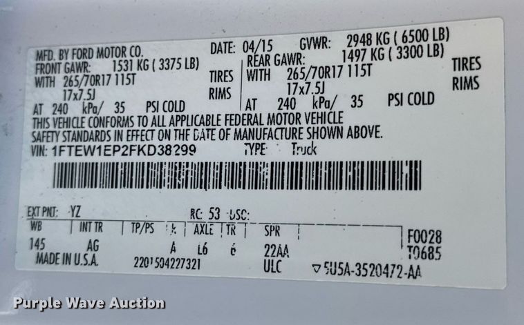 image for item EN4547 2015 Ford F150 XL SuperCrew pickup truck