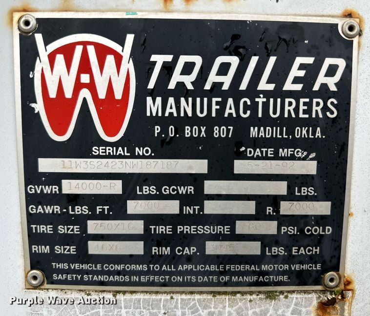 image for item EQ4721 1992 W-W livestock trailer