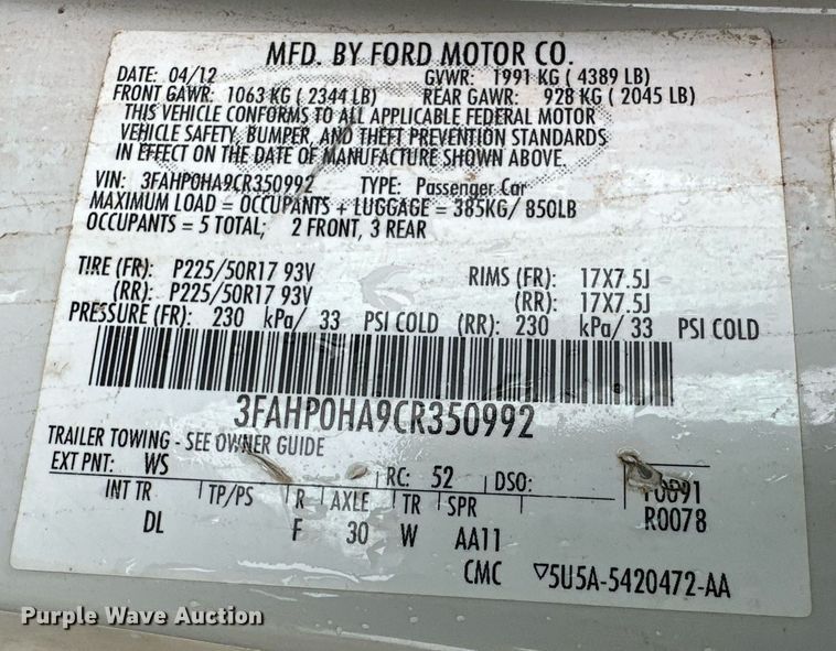 image for item EQ4722 2012 Ford Fusion SE 