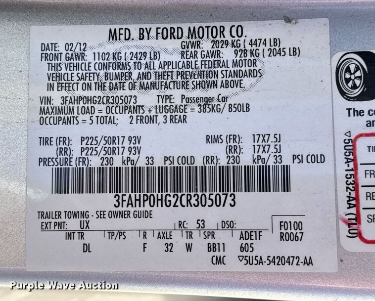 image for item NE9806 2012 Ford Fusion SE 