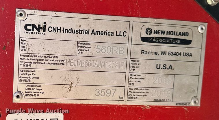 image for item DF8501 2018 New Holland 560RB round baler