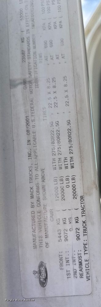 image for item DV4019 2002 Mack CX613 fertilizer delivery truck