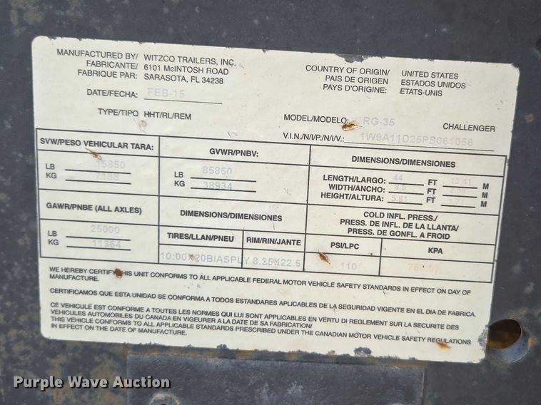 image for item DP6375 1993 Witzco Trailers Inc. RG-35 lowboy equipment trailer