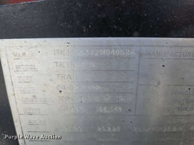 image for item DP6376 2002 Trail King TK110HDG lowboy equipment trailer