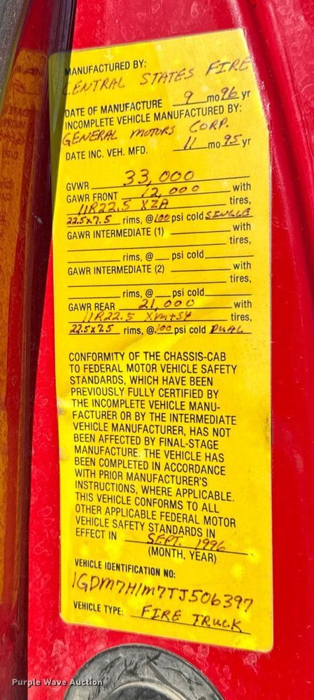 image for item DV2625 1996 GMC TopKick C5500 pumper fire truck