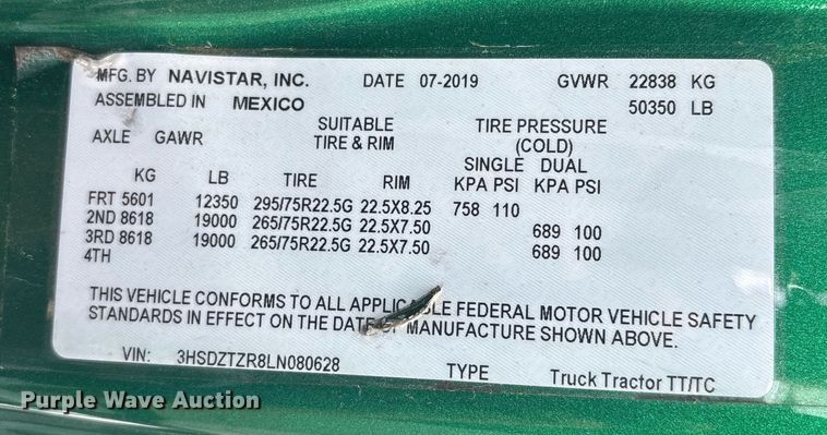 image for item EC3582 2020 International LT625 semi truck