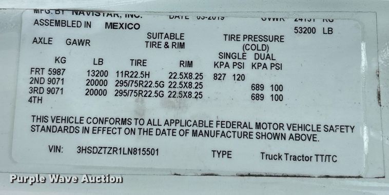 image for item EC3585 2020 International LT625 semi truck