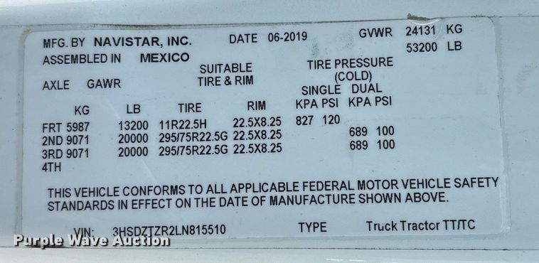 image for item EC3587 2020 International LT625 semi truck