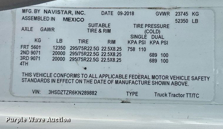 image for item EC3591 2019 International LT625 semi truck