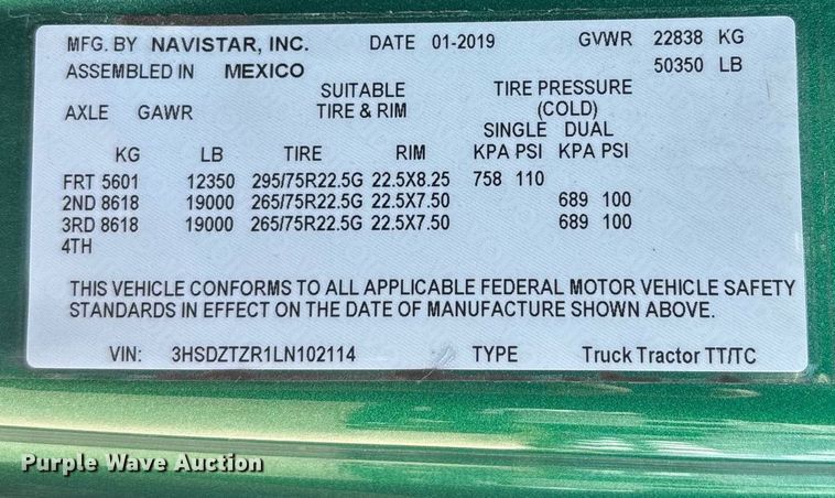 image for item EC3592 2020 International LT625 semi truck