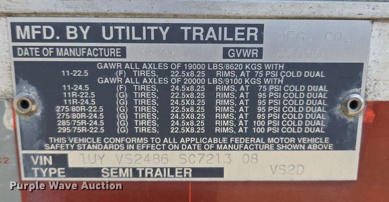 image for item EM7285 1995 Utility Trailer Manufacturer dry van trailer
