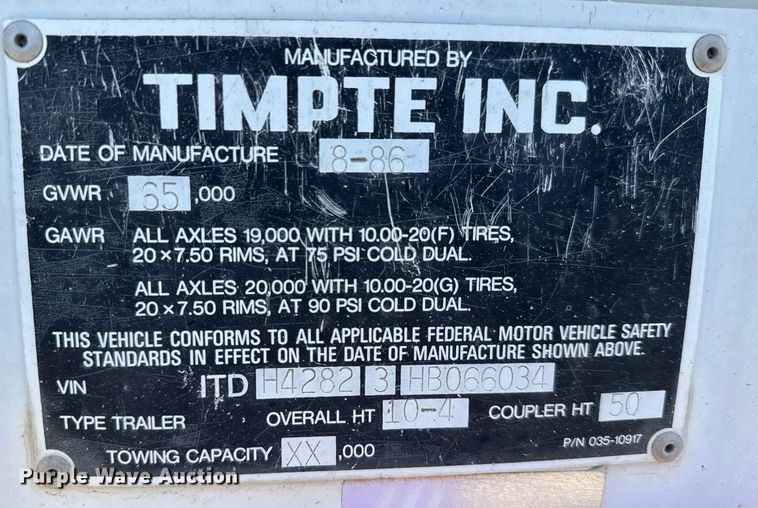 image for item EQ1427 1987 Timpte Super Hopper grain trailer