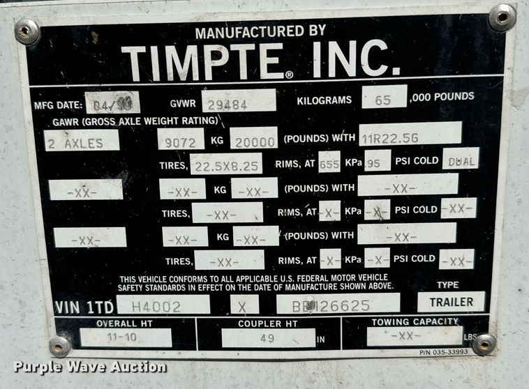 image for item EQ1456 2011 Timpte grain trailer