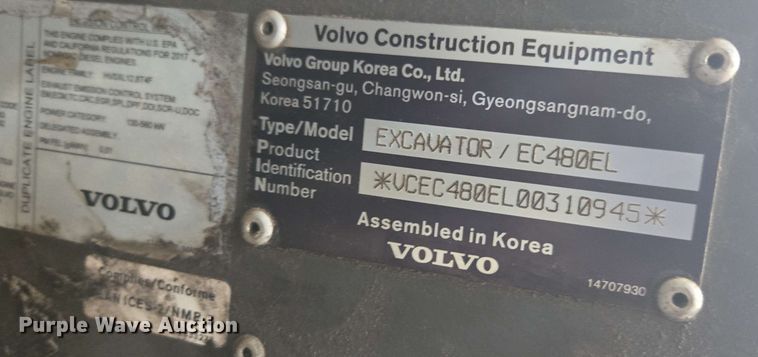 image for item DU7762 2018 Volvo EC480EL excavator