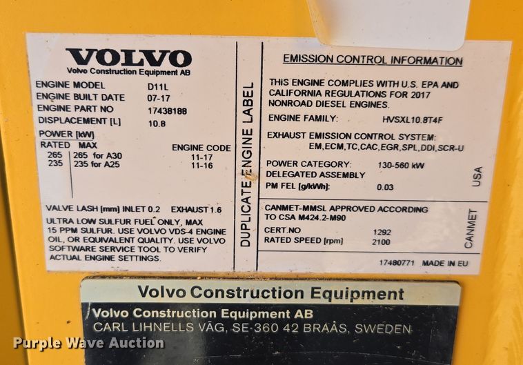 image for item DW1901 2018 Volvo A25G articulated haul truck