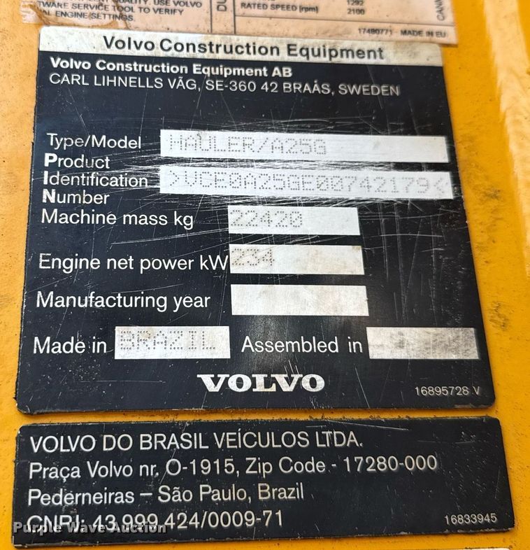 image for item EC3541 2018 Volvo A25G articulated haul truck