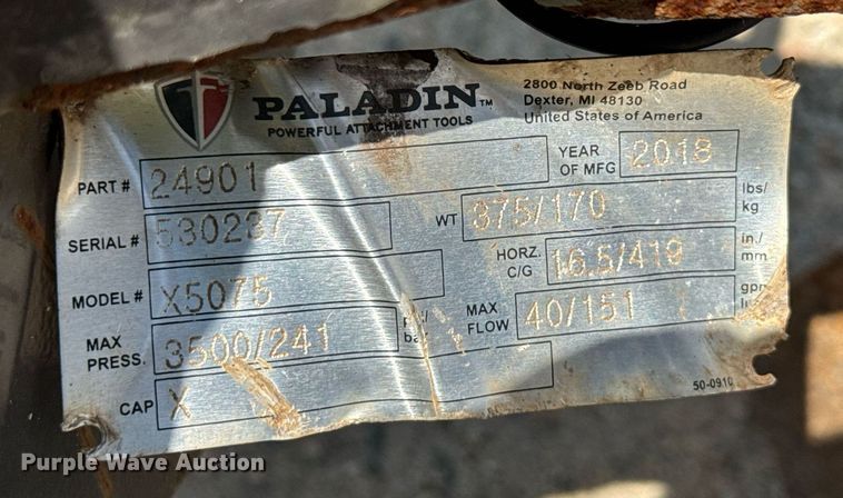 image for item EC3631 2018 Paladin X5075 skid steer auger