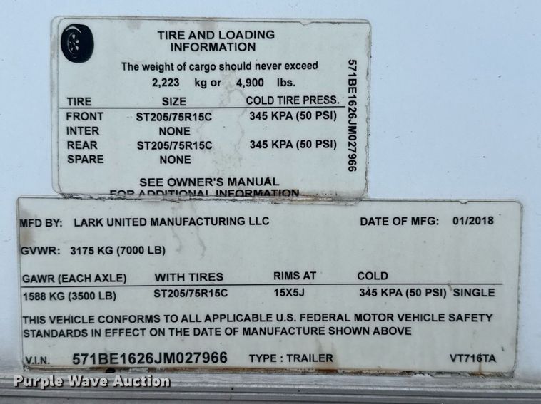image for item ED5642 2018 Lark United Manufacturing VT716TA enclosed cargo trailer
