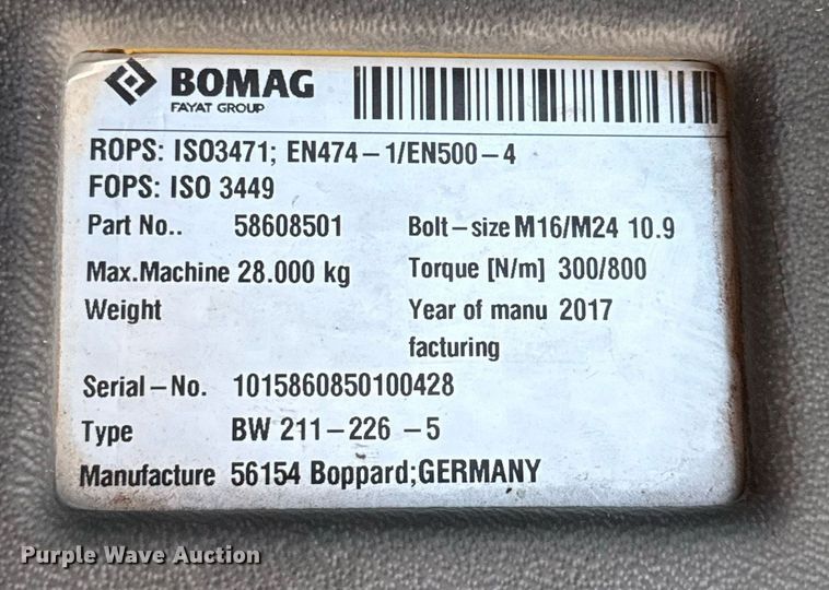 image for item EE0043 2018 Bomag BW 211 D-5 single drum vibratory roller