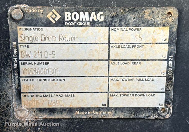 image for item EE0043 2018 Bomag BW 211 D-5 single drum vibratory roller