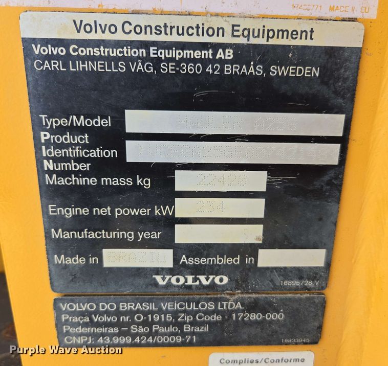 image for item EE0051 2018 Volvo A25G articulated haul truck