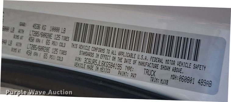 image for item EE0076 2019 Dodge Ram 2500 Crew Cab pickup truck