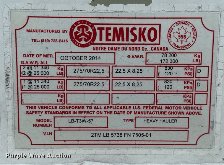 image for item EE0081 2015 Temisko LB-T3W-57 lowboy equipment trailer
