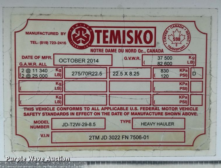 image for item EE0081 2015 Temisko LB-T3W-57 lowboy equipment trailer