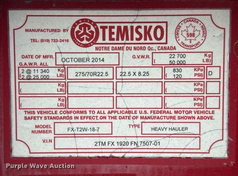 image for item EE0081 2015 Temisko LB-T3W-57 lowboy equipment trailer