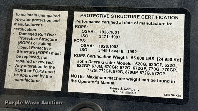 image for item EH0242 2018 John Deere 872G motor grader