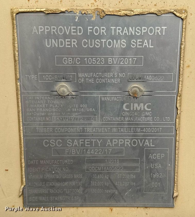 image for item EH0309 2018 CIMC 1CC-S114L22 storage container