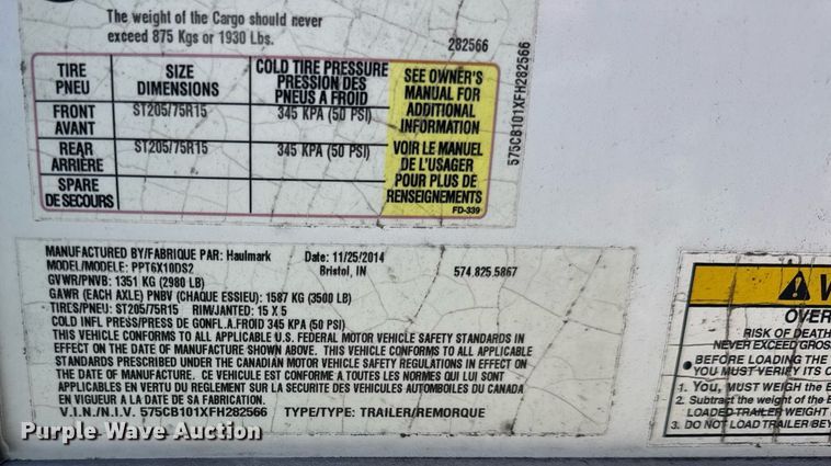 image for item DH9953 2015 Haulmark PPT6X10DS2 enclosed cargo trailer