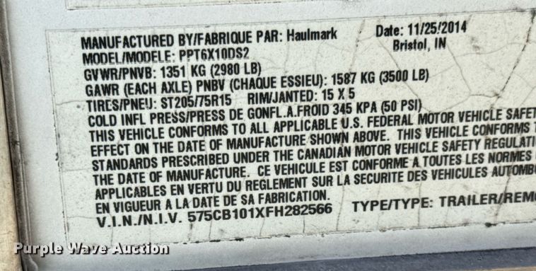 image for item DH9953 2015 Haulmark PPT6X10DS2 enclosed cargo trailer