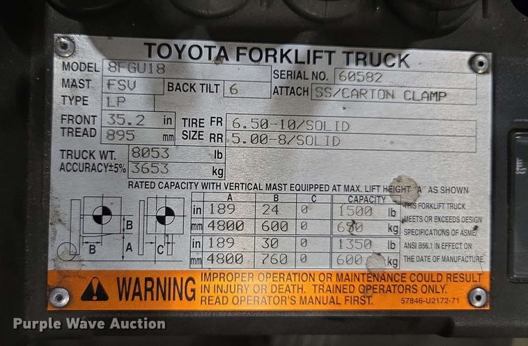 image for item DU7756 Toyota 8FGU18 forklift