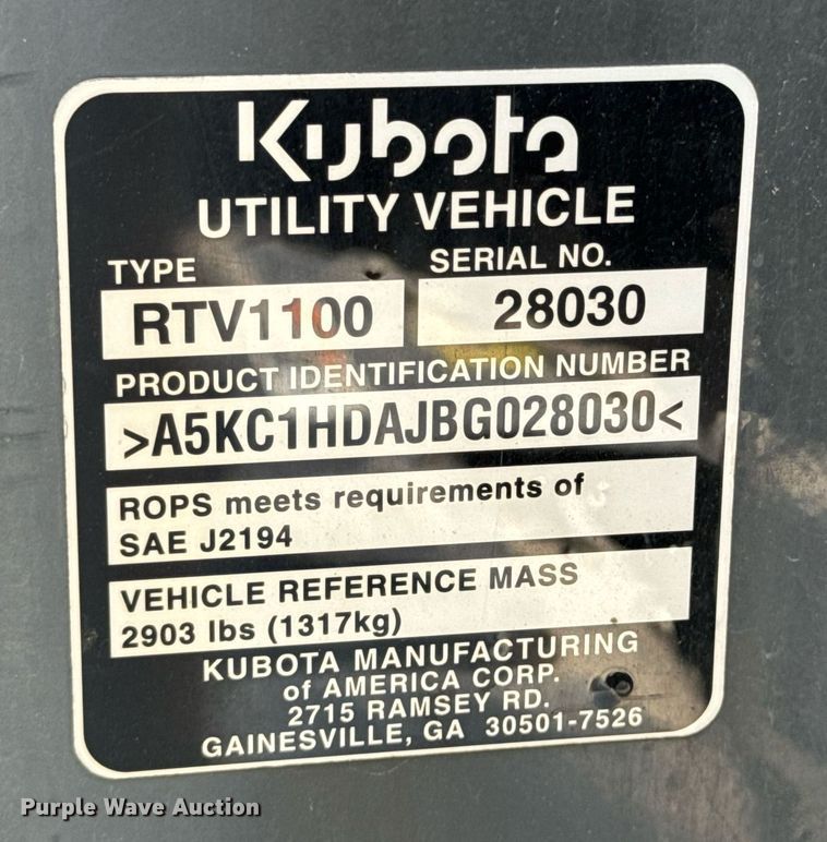 image for item DU9049 2011 Kubota RTV1100 utility vehicle