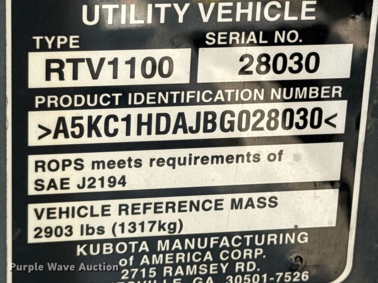 image for item DU9049 2011 Kubota RTV1100 utility vehicle