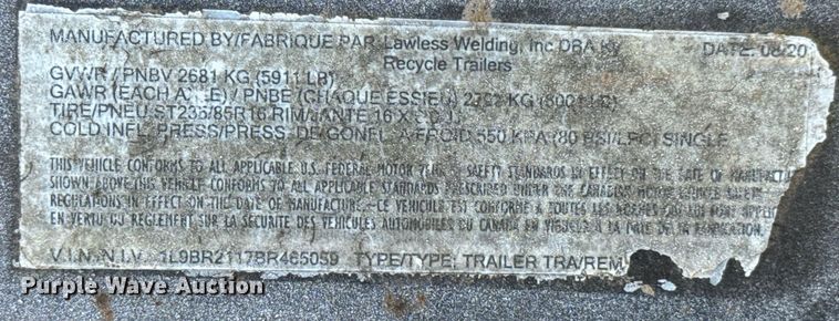 image for item DU9149 2011 Lawless Welding recycling trailer