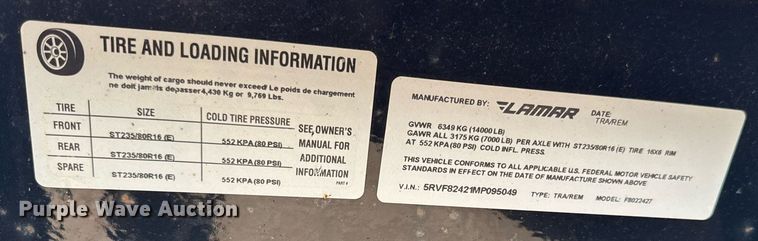 image for item DV2662 2021 Lamar F8022427 equipment trailer