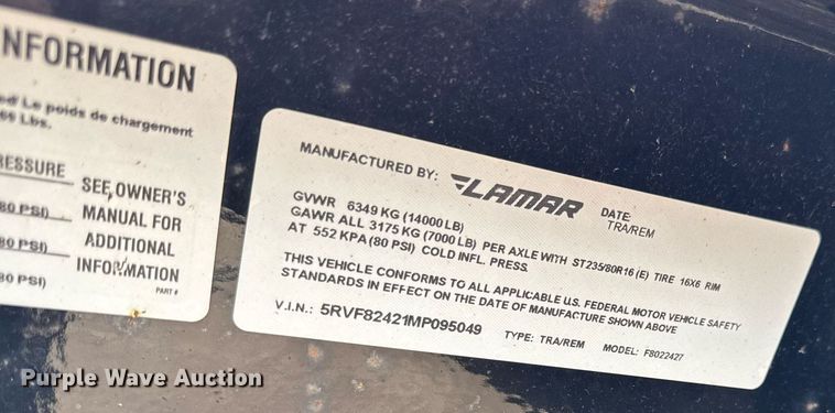 image for item DV2662 2021 Lamar F8022427 equipment trailer